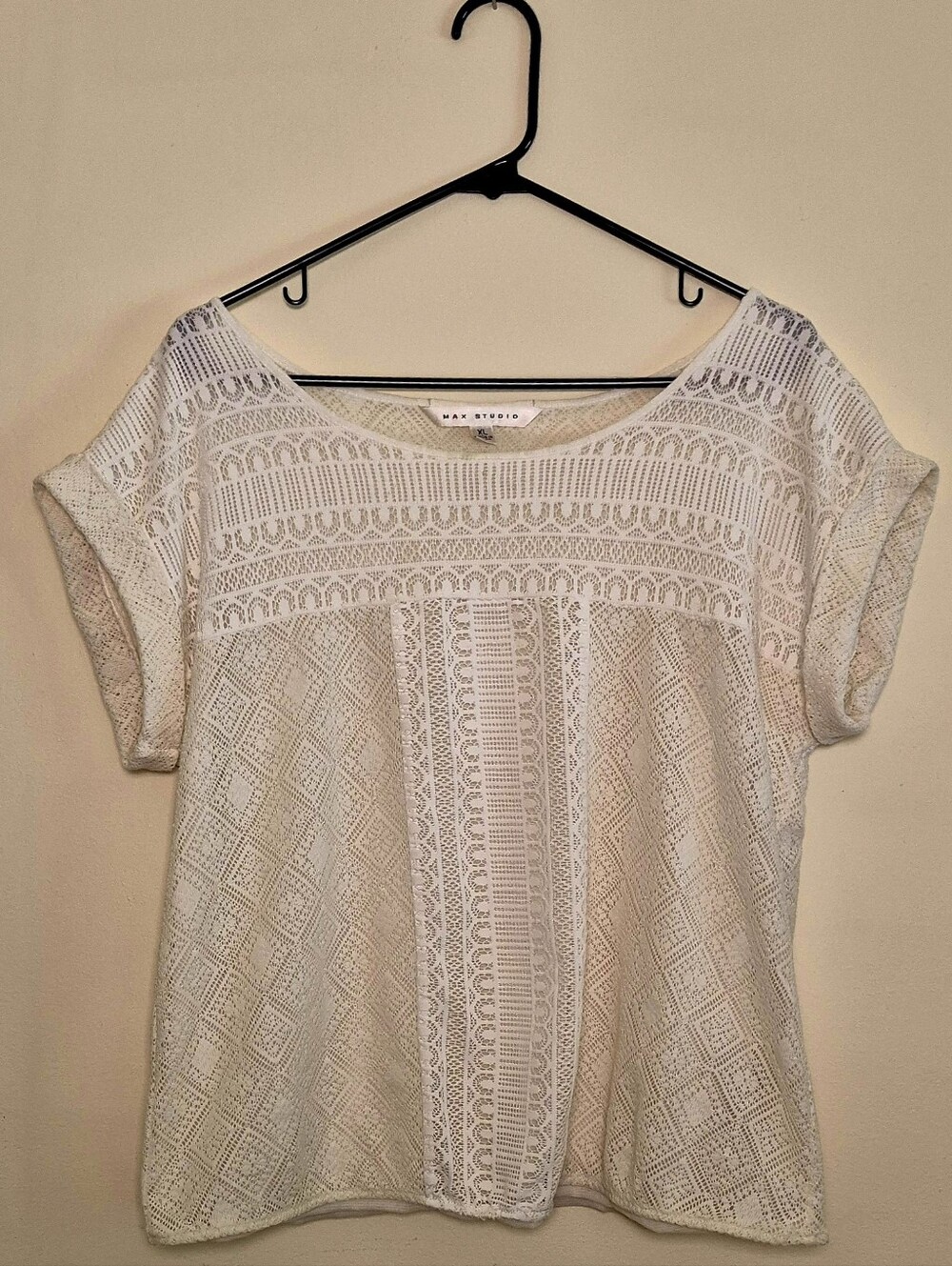 Max Studio White Lace Boho Blouse Short Sleeve XL
